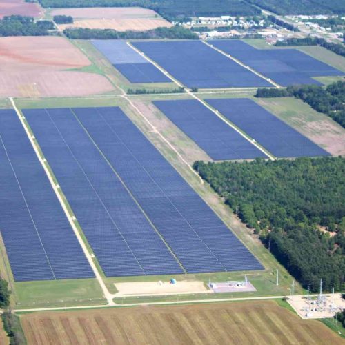Aerial view of the Bear Creek Solar Project in Lone Rock Wisconsin showing the full layout of the utility scale solar array.