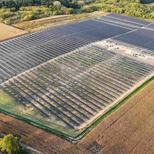 Aerial view of the Strix Solar 7.2 MWDC solar farm in Fitchburg, Wisconsin