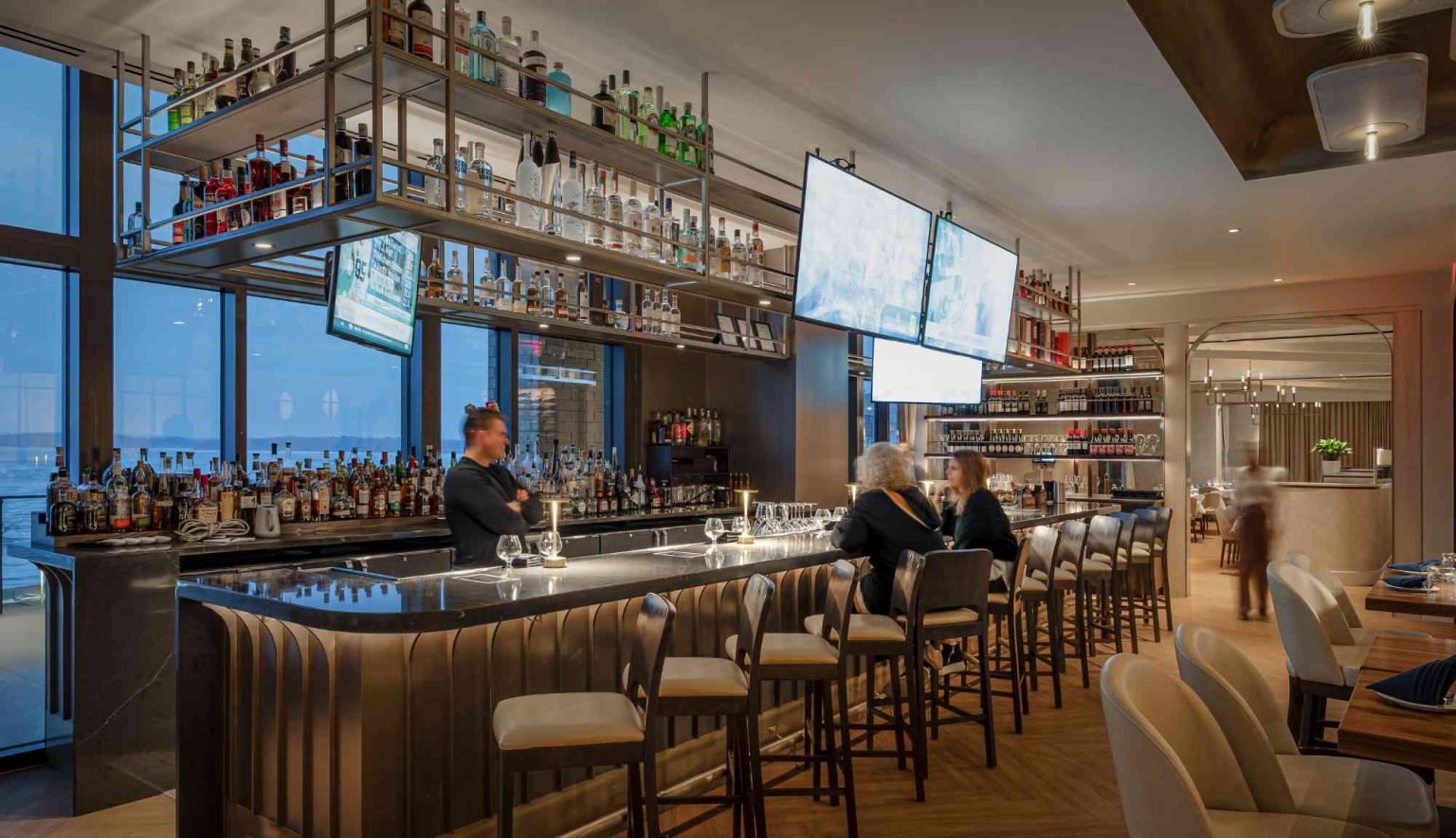 Bar interior at One Social District restaurant inside One09 Apartments in downtown Madison