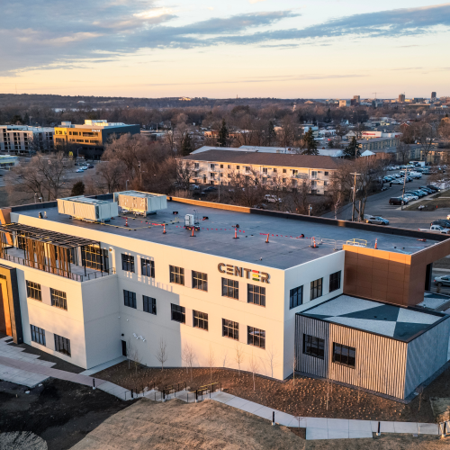Aerial view of The Center for Black Excellence and Culture showcasing the modern building exterior