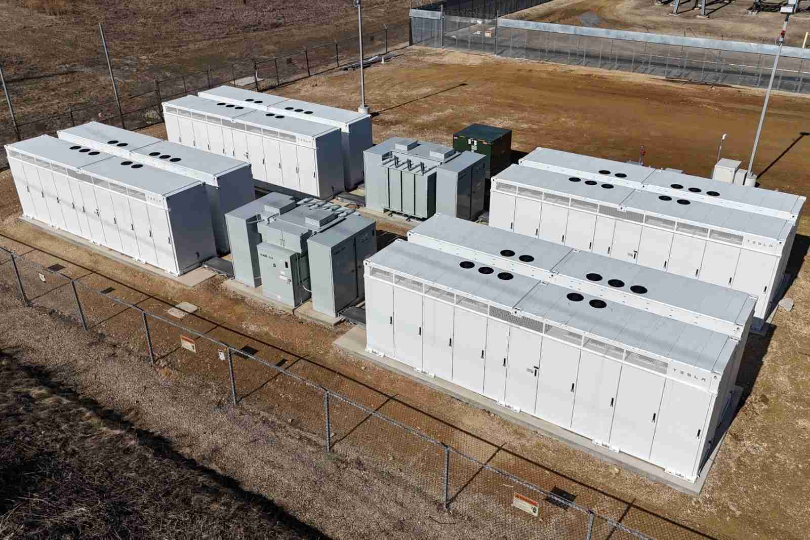 Aerial view of Tesla Megapack battery energy storage system installed by Westphal & Company for MGE