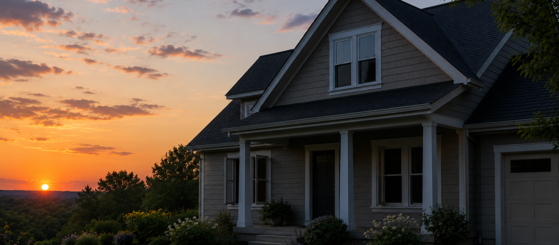 house at sunset with windows open